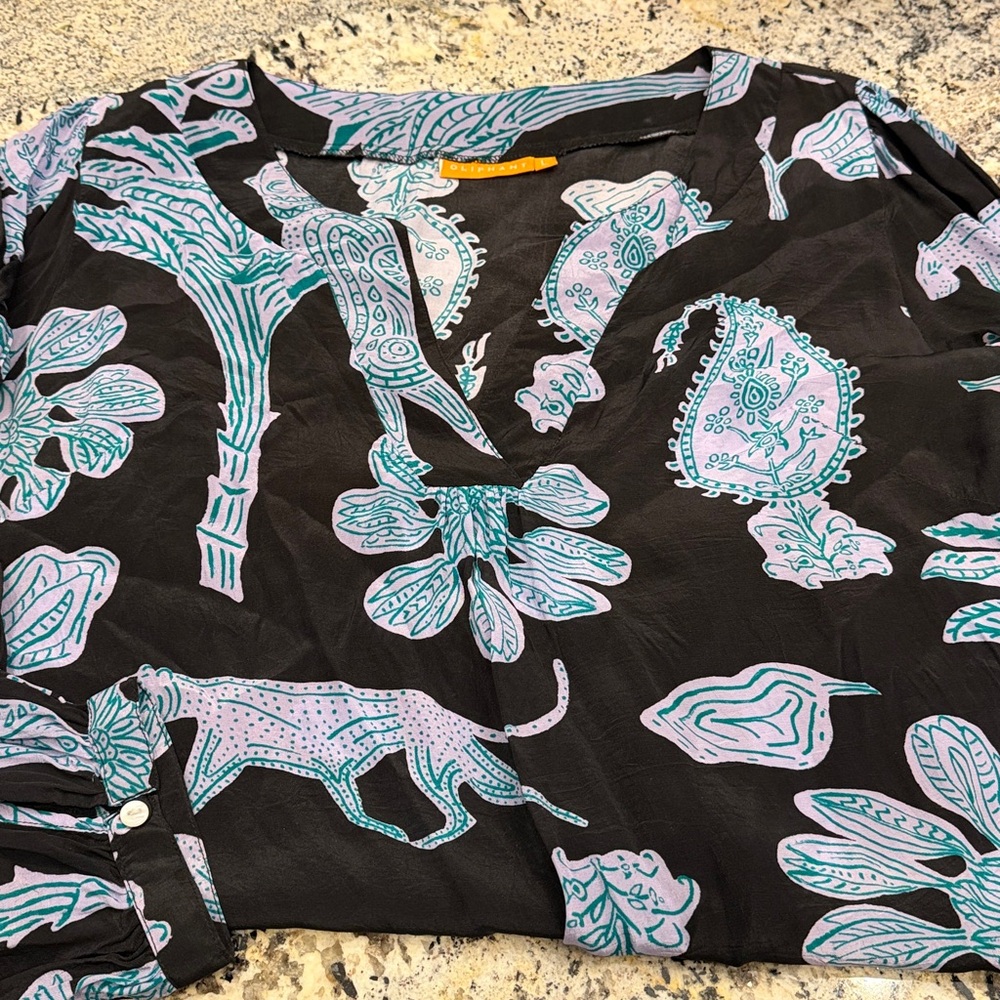 Oliphant black long sleeve top with lavender and teal pattern